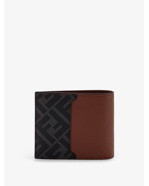 Leather And Ff Jacquard Fabric Bifold Wallet-Uomo di Fendi in Brown da Uomo