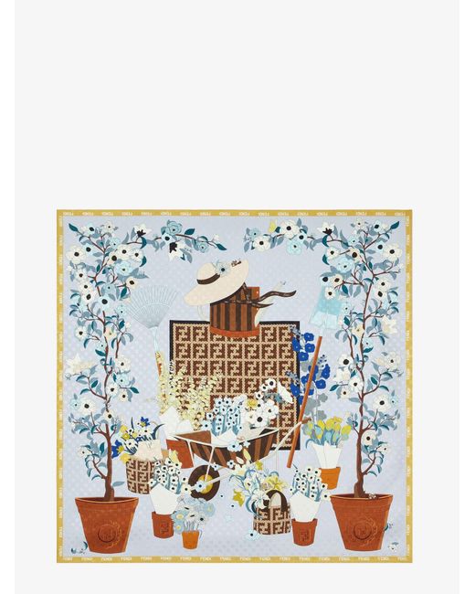 Fendi Blue Silk Scarf With Gardening Print