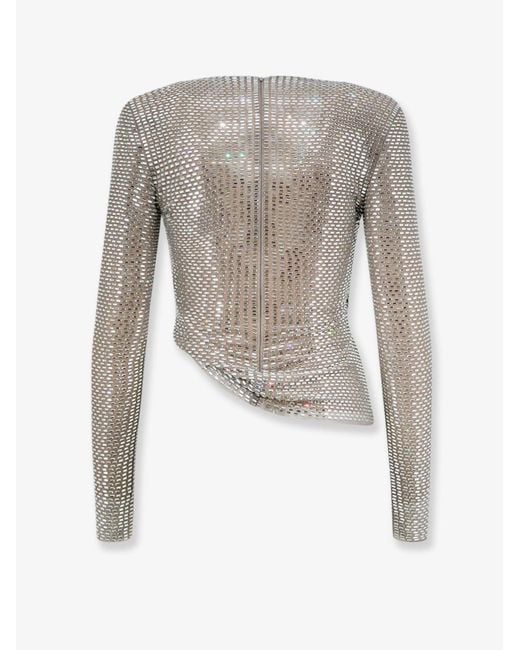 Self-Portrait White Self Portrait Mesh Top With All-Over Rhinestones