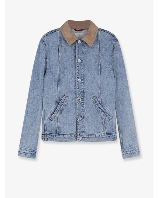 Brunello Cucinelli Men's Blue Denim Jacket With Suede Collar