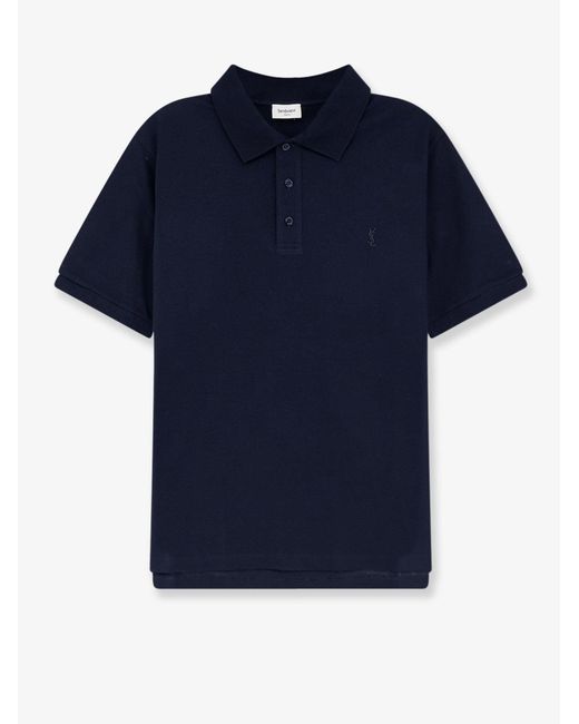 Saint Laurent Blue Piqué Cotton Polo Shirt With Cassandre Embroidery for men