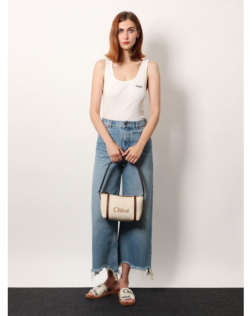 Chloé Chloè Carry Canvas Shoulder Bag With Logo Embroidery Chloé Chloè Carry Canvas Shoulder Bag With Logo Embroidery