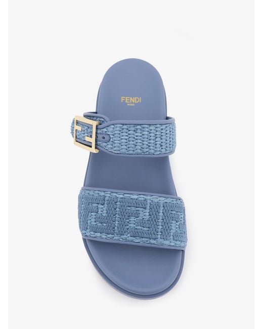 Fendi Blue Feel Woven Rafia Flat Sandals