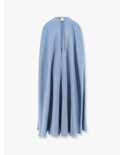 Max Mara Blue Managua Silk Long Dress With Silk Cape And Metal Detail