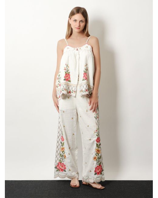 Farm Rio White Wide-Leg Linen-Blend Trousers