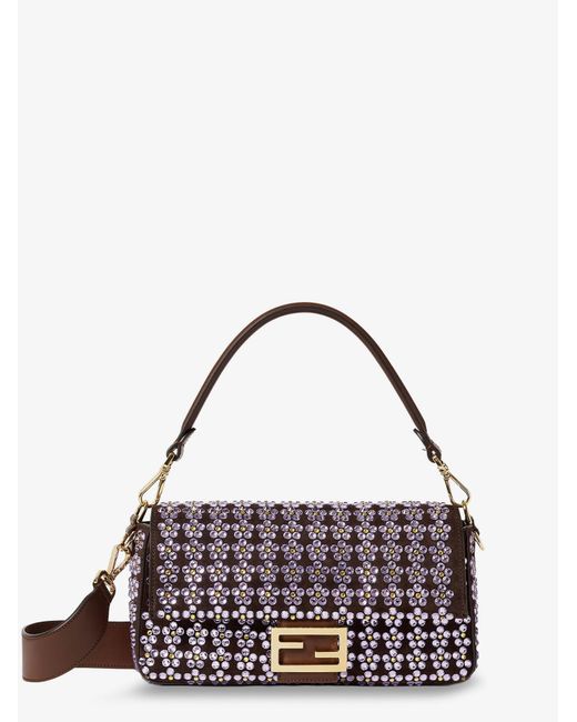 Fendi Purple Baguette Leather Crossbody Bag With Blooming Crystals Motif