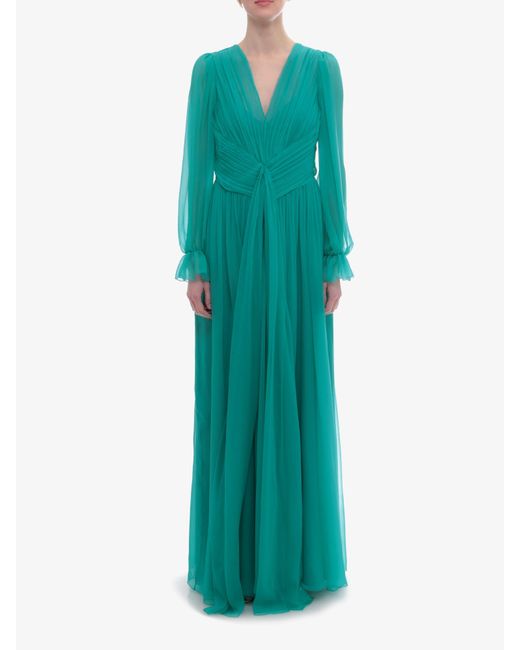 Alberta Ferretti Green V-neck Long Sleeves Silk Closure With Zip Long Dresses
