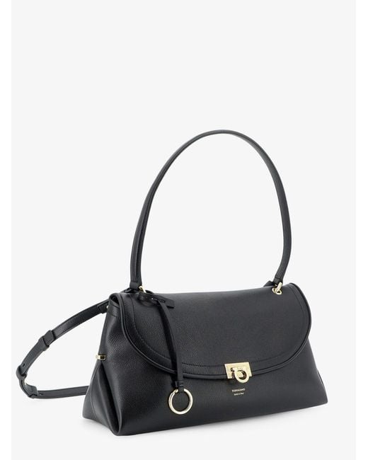 Ferragamo Black Leather Shoulder Bag With Gancini Detail