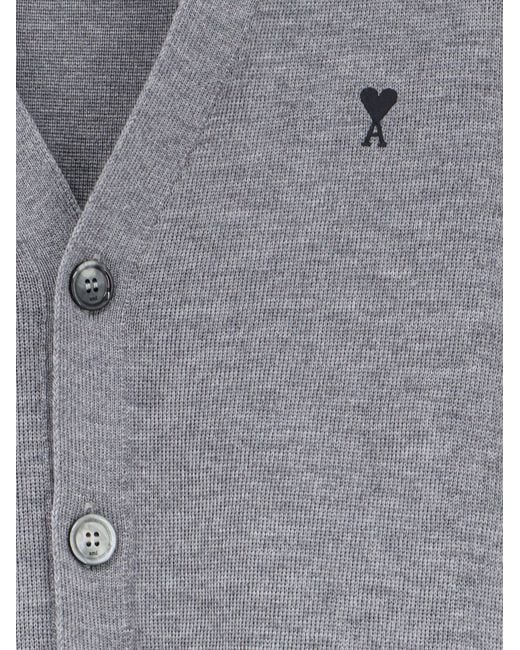 AMI Gray Wool Cardigan With Iconic Embroidery for men