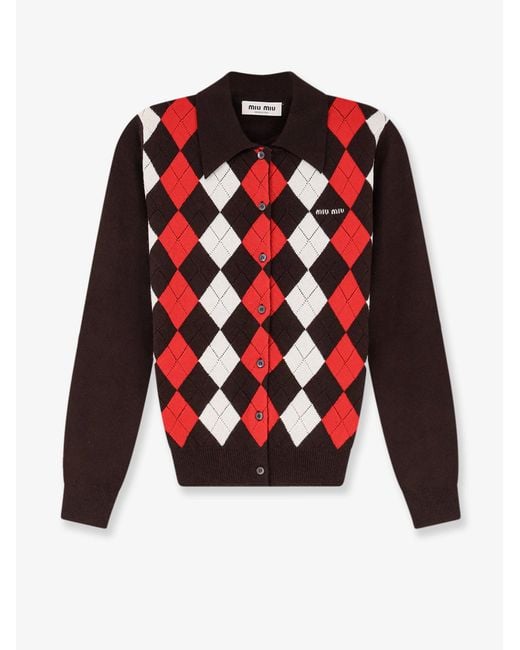 Miu Miu Red Diamond-Patterned Cashmere Cardigan