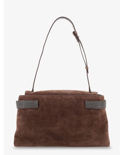 Brunello Cucinelli Brown Suede Crossbody Bag With Monili Details