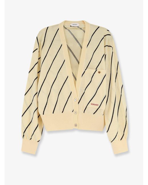 Versace Natural Wool Blend Cardigan With Striped Detail