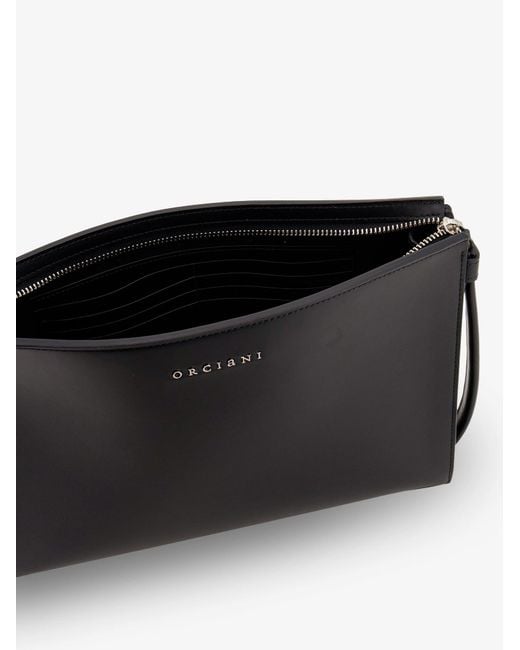 Orciani Black Leather Clutch Bag With Metal Lettering Logo for men