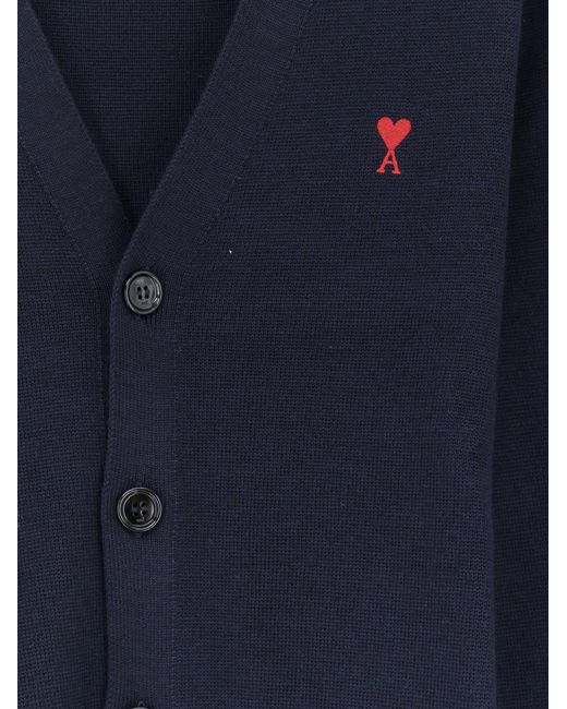 AMI Blue Wool Cardigan With Iconic Embroidery for men