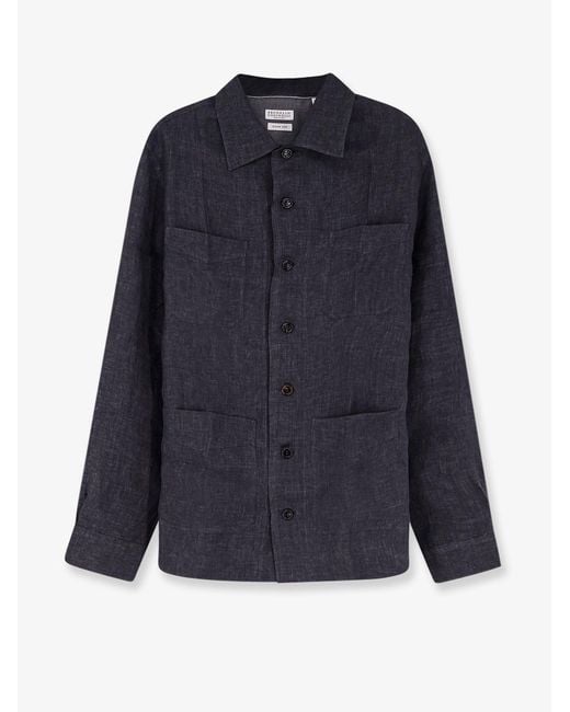 Brunello Cucinelli Blue Easy Fit Linen Shirt for men