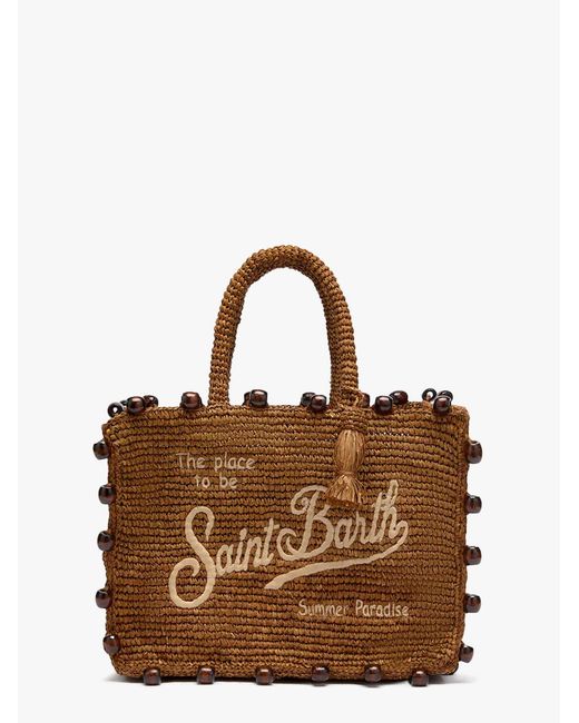 Mc2 Saint Barth Brown Colette Rafia Handbag With Logo Embroidery