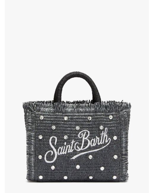 Mc2 Saint Barth Black Vanity Mini Straw Handbag With Rhinestones Motif