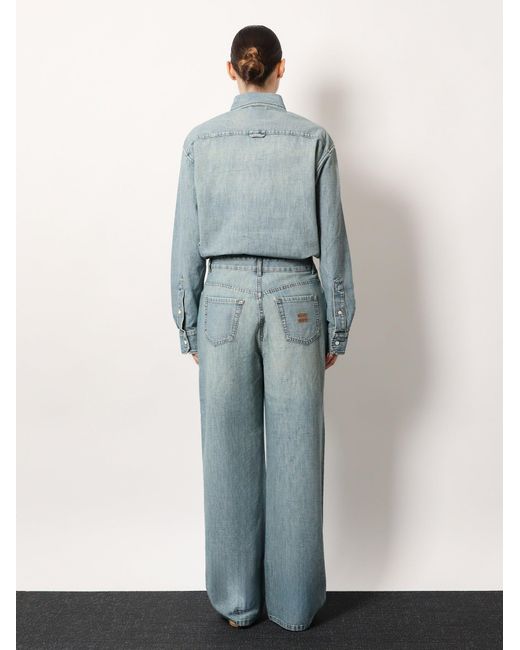 Miu Miu Gray Cotton Jeans With Logo Lettering Embroidery