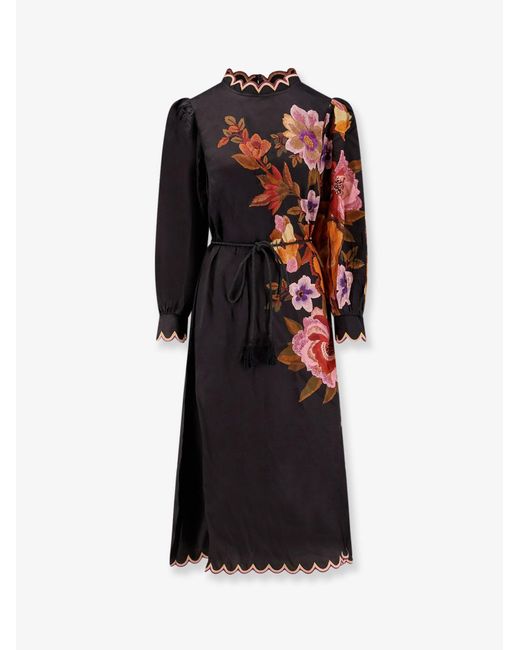 Farm Rio Black Satin Midi Dress With Floral Print