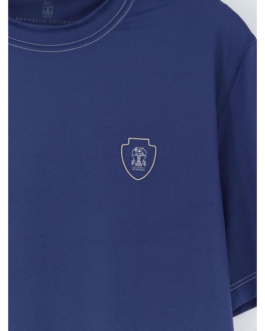 Brunello Cucinelli Blue Technical Nylon T-Shirt With Front Logo for men