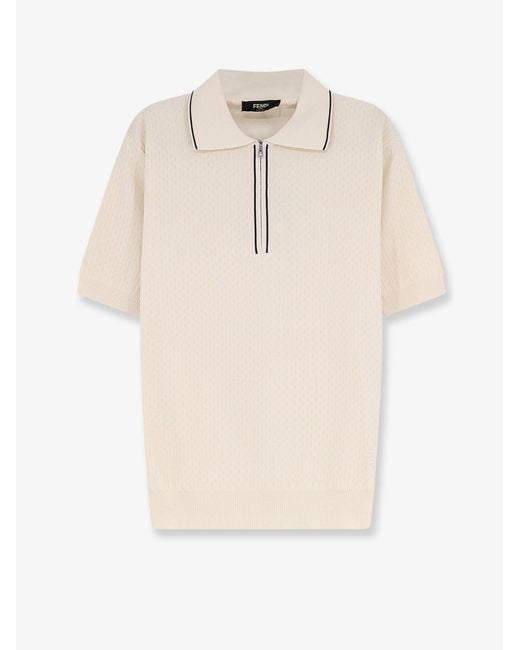 Fendi Natural Cotton And Silk Polo Shirt With Ff Embroidery for men