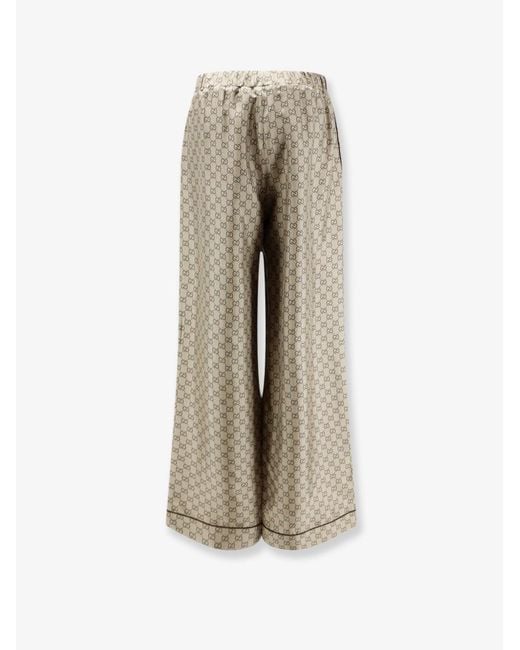 Gucci Natural Silk Trousers With All-Over Gg Motif