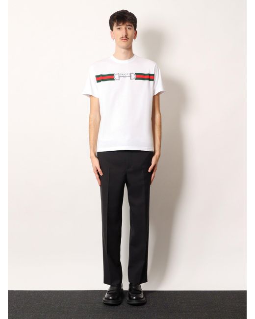 Gucci White Cotton T-Shirt With Frontal Web Band for men