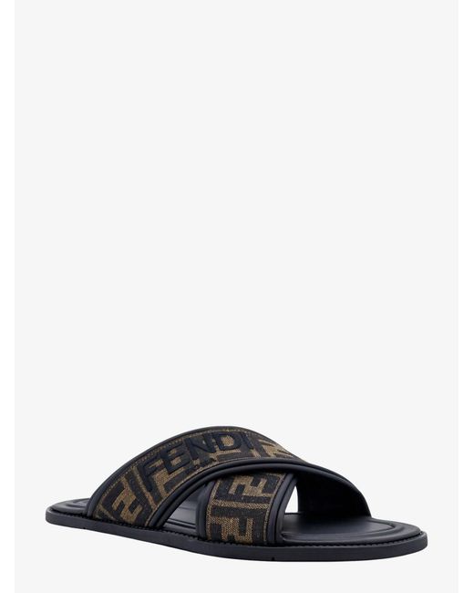 Fendi Black Ff Jacquard Fabric Sandals With Embroidered Logo for men