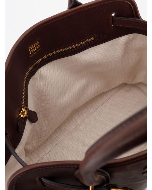 Miu Miu Brown Aventure Leather Handbag With Front Lettering Logo
