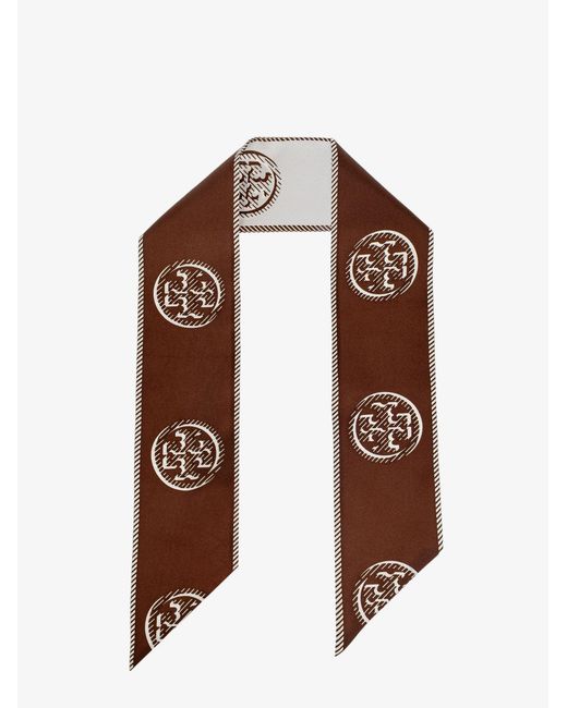 Cravatta Medallion Logo Ribbon Tie di Tory Burch in Brown