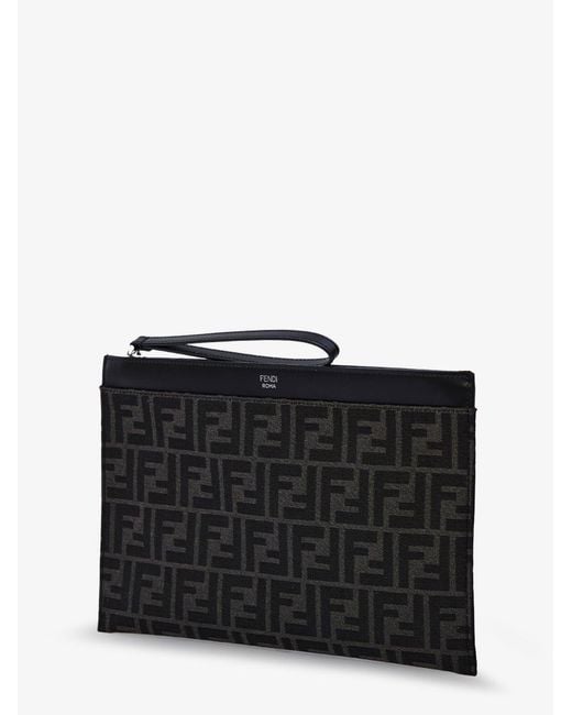 Fendi Black Ff Jacquard Fabric And Leather Flat Pouch Medium for men