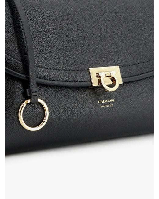 Ferragamo Black Leather Shoulder Bag With Gancini Detail