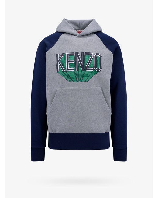 KENZO Blue Long Sleeves Cotton Ribbed Profile Hooded Sweatshirts for men