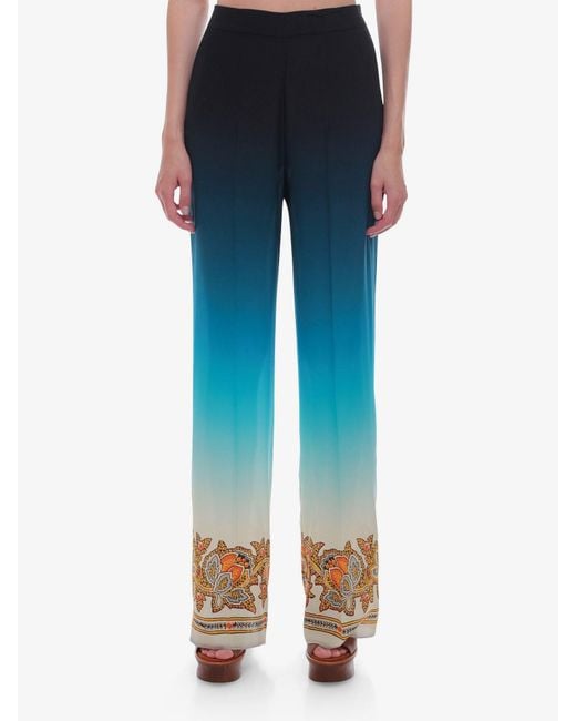 Etro Blue Silk Closure With Zip Printed Pants