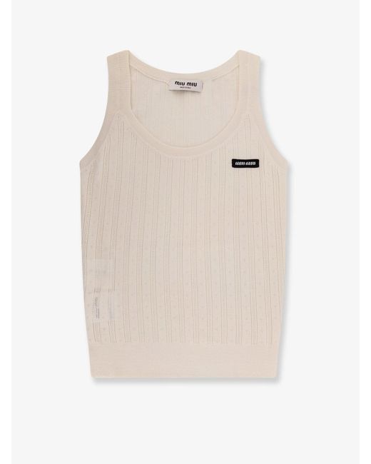 Tシャツ・カットソー MIU MIU Perforated cachemire silk top Bianco Miu Miu Perforated Cachemire And Silk Top in Natural | Lyst