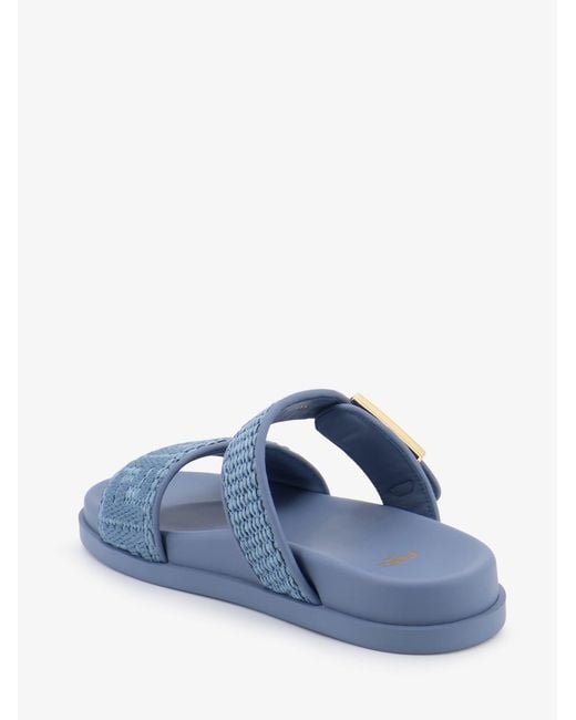 Fendi Blue Feel Woven Rafia Flat Sandals
