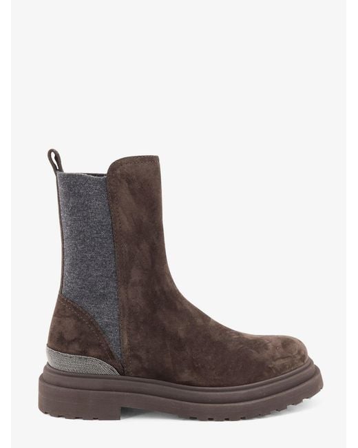 Brunello Cucinelli Brown Suede Boots With Monili Details