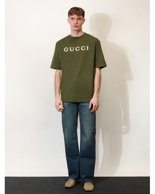 Gucci Green Cotton T-Shirt With Embroidery On The Front for men