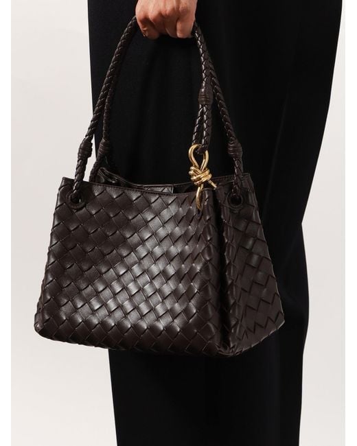 Bottega Veneta Black Parachute Leather Shoulder Bag With Intrecciato Pattern And Knot Detail