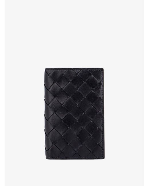 Bottega Veneta Black Leather Passport Case With Intrecciato Motif