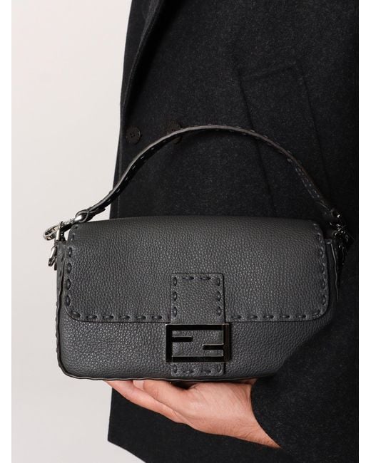 Fendi Black Baguette Leather Shoulder Bag With Selleria Stitchings for men