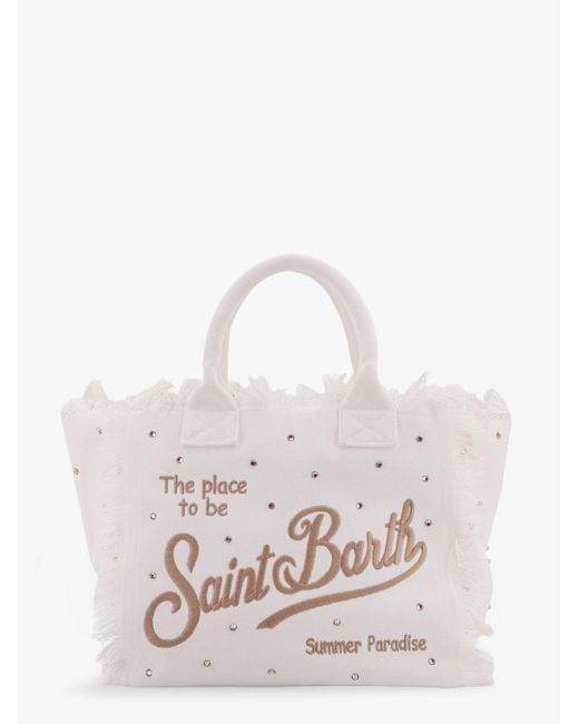 Mc2 Saint Barth White Vanity Canvas Handbag With Rhinestones