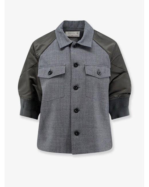 Sacai Gray Wool Shirt With Nylon Sleeves