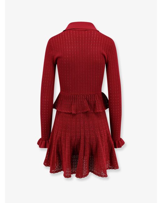 Self-Portrait Red Perforated Knit Short Dress With Jewel Buttons