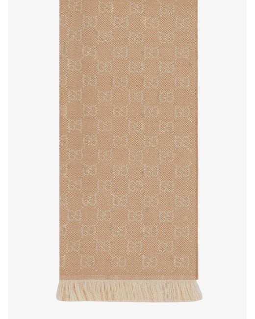 Gucci Natural Jacquard Wool Scarf With Gg Motif