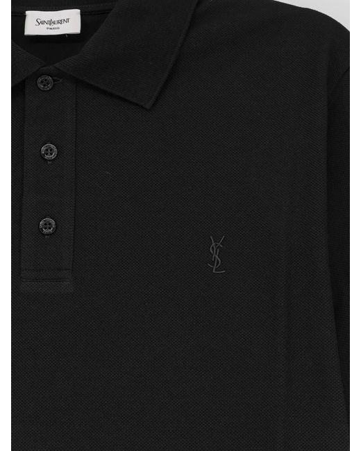 Saint Laurent Black Piqué Cotton Polo Shirt With Cassandre Embroidery for men