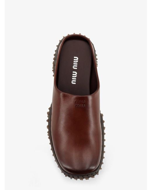 Miu Miu Brown Leather Sabot With Embossed Lettering Logo