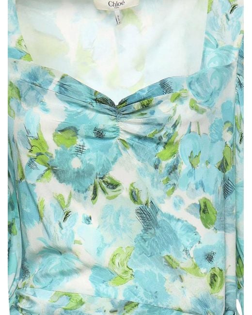 Chloé Blue Silk Dress With Floral Print