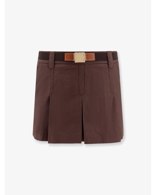 Gonna Panama Mini A Pieghe Con Cintura di Miu Miu in Brown