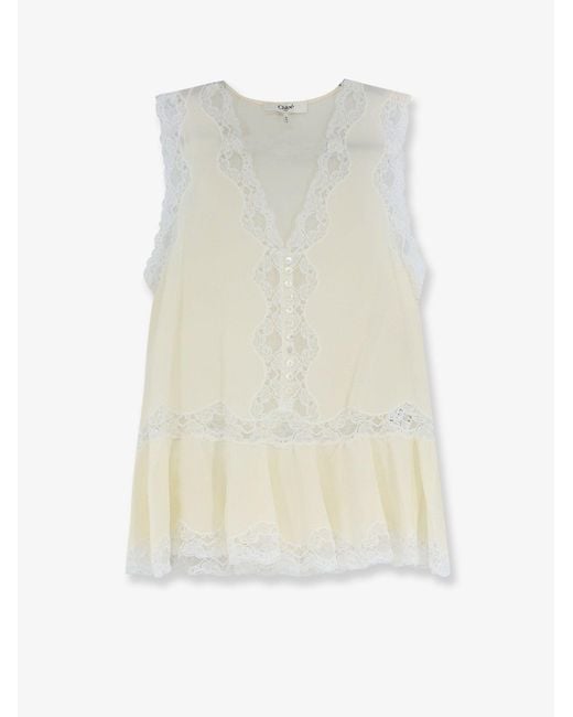 Chloé White Silk Top With Lace Inserts